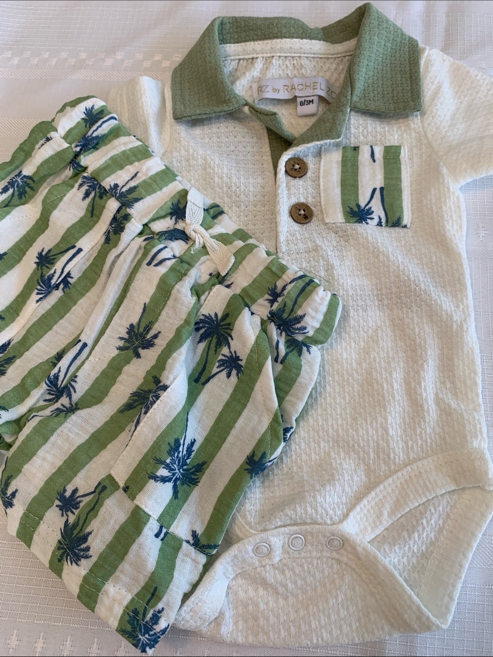RACHEL ZOE Baby Bodysuit Shorts Green Blue Cream Palm Print Size 0-3 Months